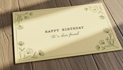 A charming and rustic composition featuring a birthday card with a delicate floral design placed on a weathered wooden background