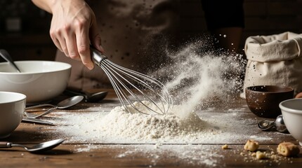 Chef mixing flour with whisk and bowls in rustic kitchen setup  