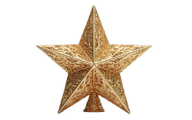 Shimmering gold Christmas star tree topper captured in high key lighting for elegant holiday tree decoration and festive interior styling isolated on transparent background PNG
