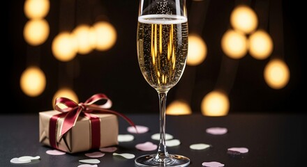 Champagne glass with gift box and colorful hearts on dark background  