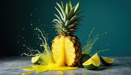 Fresh pineapple cut in half with lime and juice splashing  