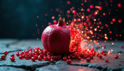 Splitting pomegranate with seeds spilling onto stone surface  