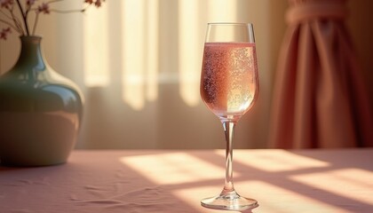 Glamorous pink champagne flute with bubbles and bokeh light background