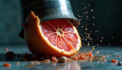 Fresh grapefruit slice spilling from metal cup with scattered zest  