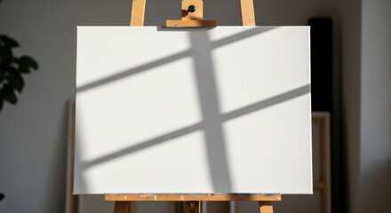 Empty canvas on easel with soft shadows in bright indoor space  