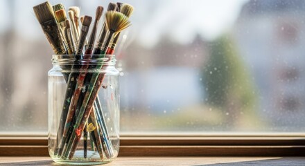 Art brushes in glass jar on windowsill with sunlight streaming in  