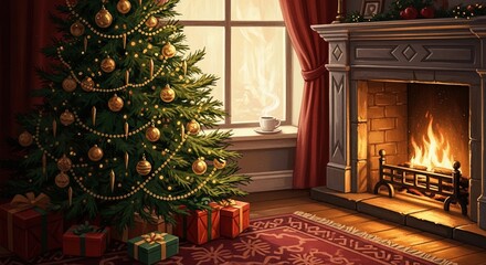 Traditional holiday scene with a classic Christmas tree and a rustic stone fireplace. Warm and inviting festive background.