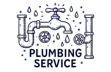 Plumbing services advertisement with faucet and pipes drawing