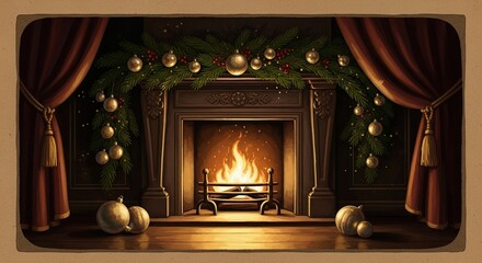 Cozy fireplace adorned with holiday decorations in warm colors  
