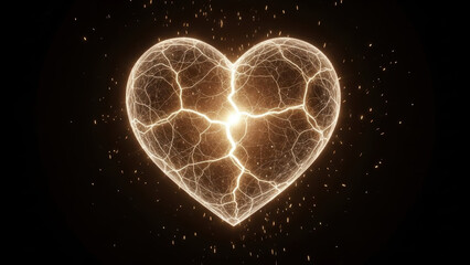 Electrified Cracked Heart with Golden Lightning Glow on Black Background. Concept of Heartbreak, Emotional Energy, Power, or Electric Love.