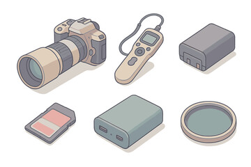 Celestial Photography Gear. Isometric vector illustration set of celestial photography gear: DSLR camera with telephoto lens,