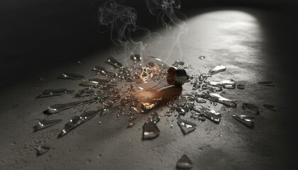 Broken Glass Light Bulb with Smoke on Dark Surface - Concept of Failure or Lost Idea
