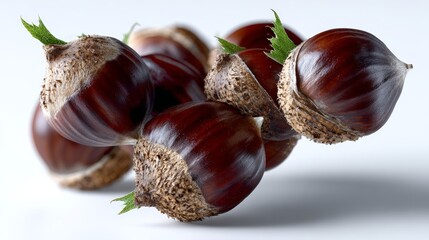A bunch of nuts with a green leaf on top. The nuts are brown and have a nutty smell