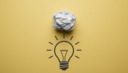 Creative Idea Concept with Crumpled Paper Ball and Light Bulb Drawing 