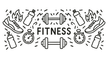 Fitness icons: dumbbells, water bottles, stopwatch, shoes in graphic design
