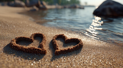 Two heart shapes crafted in soft sand by the water's edge, reflecting love and tranquility at a scenic beach.