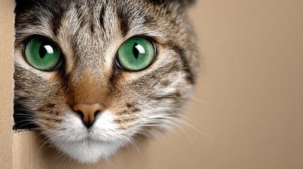 A cat with green eyes is looking out from behind a cardboard box. The cat's eyes are wide open, and it is curious about what is on the other side of the box. Concept of mystery and intrigue