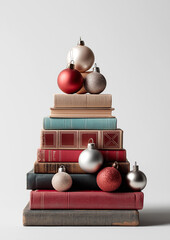 Stack of books with christmas ornaments