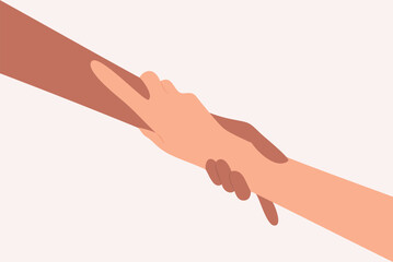 Two hands of different skin tones holding each other's wrists. Helping hand concept. Flat vector illustration