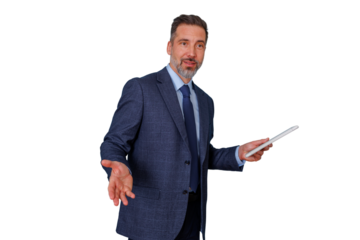 Confident businessman explaining and presenting with a tablet, having an engaging discussion about corporate matters. Transparent background