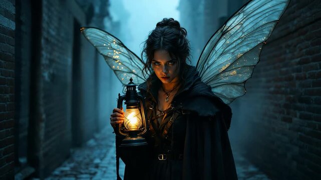 Enchanted nighttime pathway, Fairy guides through shadowed alley