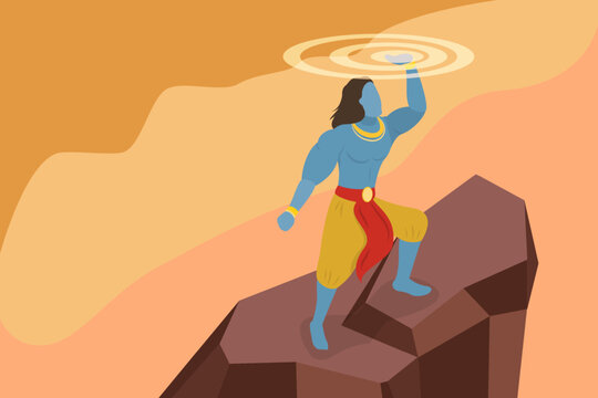 3D Isometric Flat Vector Illustration of Vishnu, Hindu God Lord Krishna Holding Sudarshan Chakra In Indian Mythology