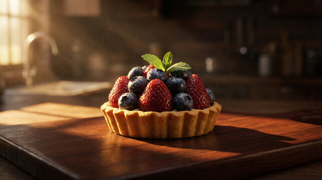 Freshly minted pastry topped with plump, juicy strawberries creates a delightful dessert that exudes sweetness and freshness, making every bite a pleasurable fruit experience.