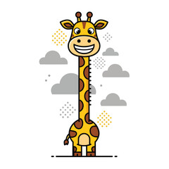 Happy cartoon giraffe standing under gray clouds