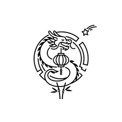 Lunar New Year dragon lineart wide view extra white space curling protectively vector illustration