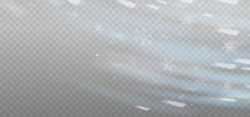 Flying snowflakes with prism light flare effect in motion, cold white light overlay background with warm shine of crystal glass, shiny glow. Prism light dispersion with rays and glares effect. Vector