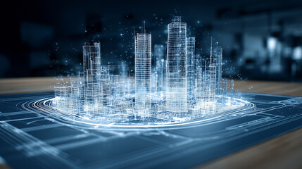 Digital wireframe city model projection on a blueprint