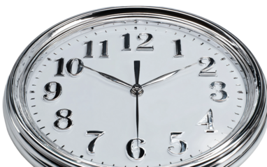 Modern stylish clock close-up at 11:59 PM photographed with high key light highlighting luxurious metallic finish isolated on transparent background PNG