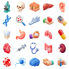 3D medical icons collection showing human anatomy organs, healthcare equipment, diagnostic tools for medicine education design