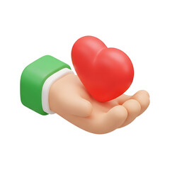 3D hand holding red heart icon, caring gesture symbol with green sleeve, floating design element for charity, healthcare, love, donation concepts