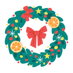 Christmas wreath with red bow, orange slices, stars and snowflakes isolated on green background