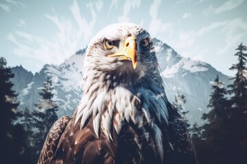 Bald eagle perched majestically in front of stunning mountain scenery under a clear blue sky