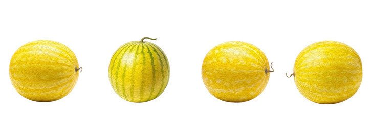 Set of Four Fresh Yellow Watermelons with Green Rind Isolated on Transparent PNG Background, Oil Paint