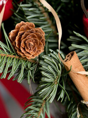 natural spruce branches decorated with pine cones