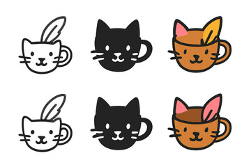 Obraz premium Whiskered Coffee Icon Series. Coffee cup with cat ears and whiskers design, quill placed diagonally behind, modern minimal icon