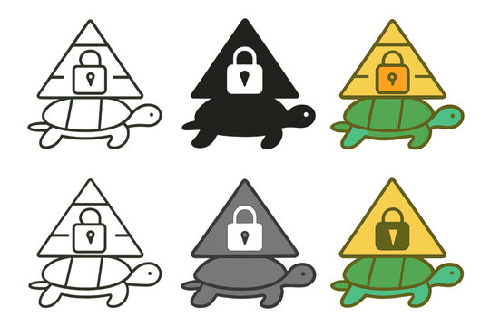 Turtle Pyramid Iconography. Pyramid resting on a turtle&rsquo;s back with a padlock emblem in the center, simple clean vector icons,