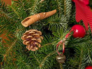 natural spruce branches decorated with pine cones