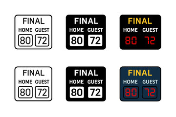 Dynamic Scoreboard Styles. Electronic board flashing final game score first in line style with thin outline, second in solid style