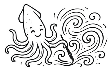 Fototapeta premium Playful Doodle Squid. Playful doodle squid using its ink to draw swirling ocean currents, smiling expression and flowing lines of