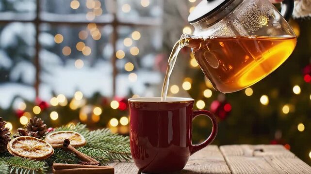 A teapot pours tea into a cup on a table with lights and winter decor. Concept of relaxation and Christmas