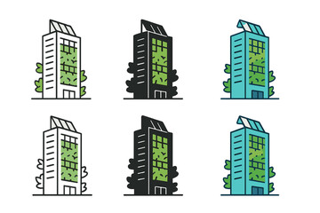 Fototapeta premium Eco-Friendly Skyscraper Designs. High-rise office block with green walls and integrated sunlight panels, minimal vector design,