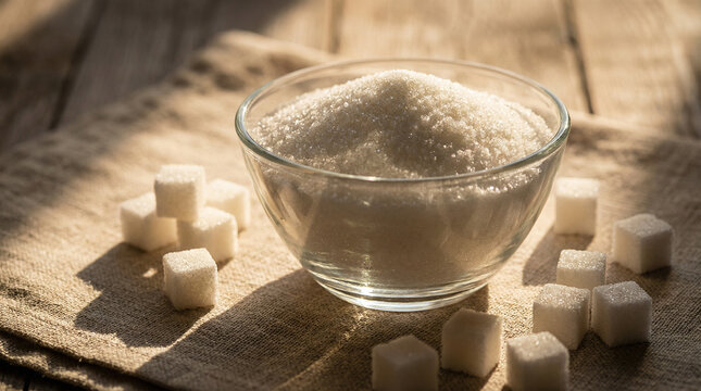 Sugar cubes nestled in a glass bowl on the breakfast table, ready to sweeten a steaming hot cup of beverage for an invigorating morning drink.