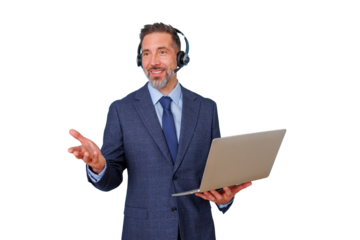 Businessman wearing a headset and holding a laptop, talking and gesturing, providing customer service or remote it support. Transparent background