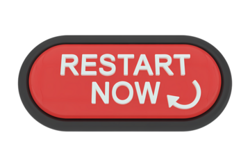 3d icon red restart button with the text RESTART NOW and a circular arrow, signaling a fresh start or reset . Isolated on transparent background, png