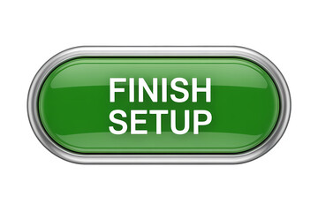 3d icon Green Finish Setup Button with Metallic Frame. This button evokes a sense of completion and readiness, perfect for website interfaces . Isolated on transparent background, png