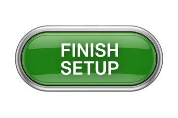 3d icon Green Finish Setup Button with Metallic Frame. This button evokes a sense of completion and readiness, perfect for website interfaces . Isolated on transparent background, png